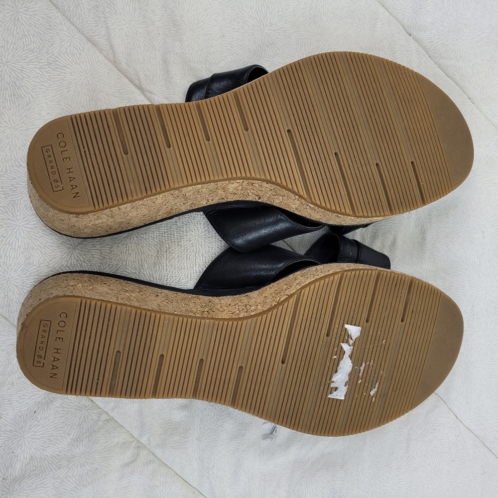 Cole Haan black leather cross design wedge sandals cork platform heel minimal 6 - Picture 9 of 12